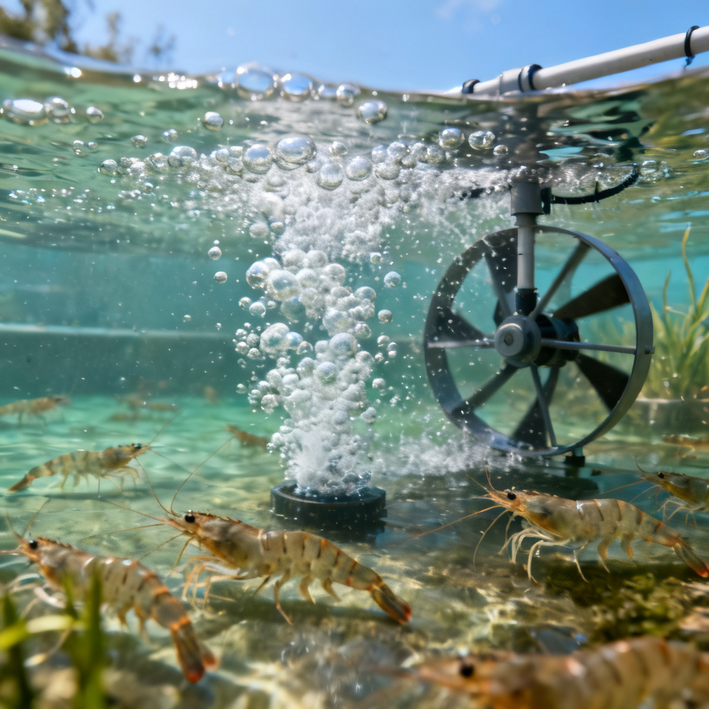 Aeration systems for shrimp pond DO management including paddlewheel and diffuser