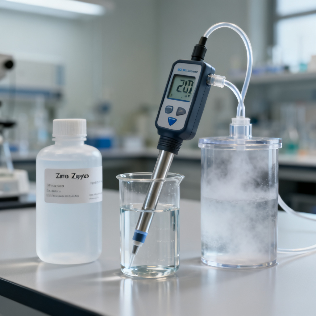 Dissolved oxygen sensor calibration setup with zero oxygen solution and water-saturated air