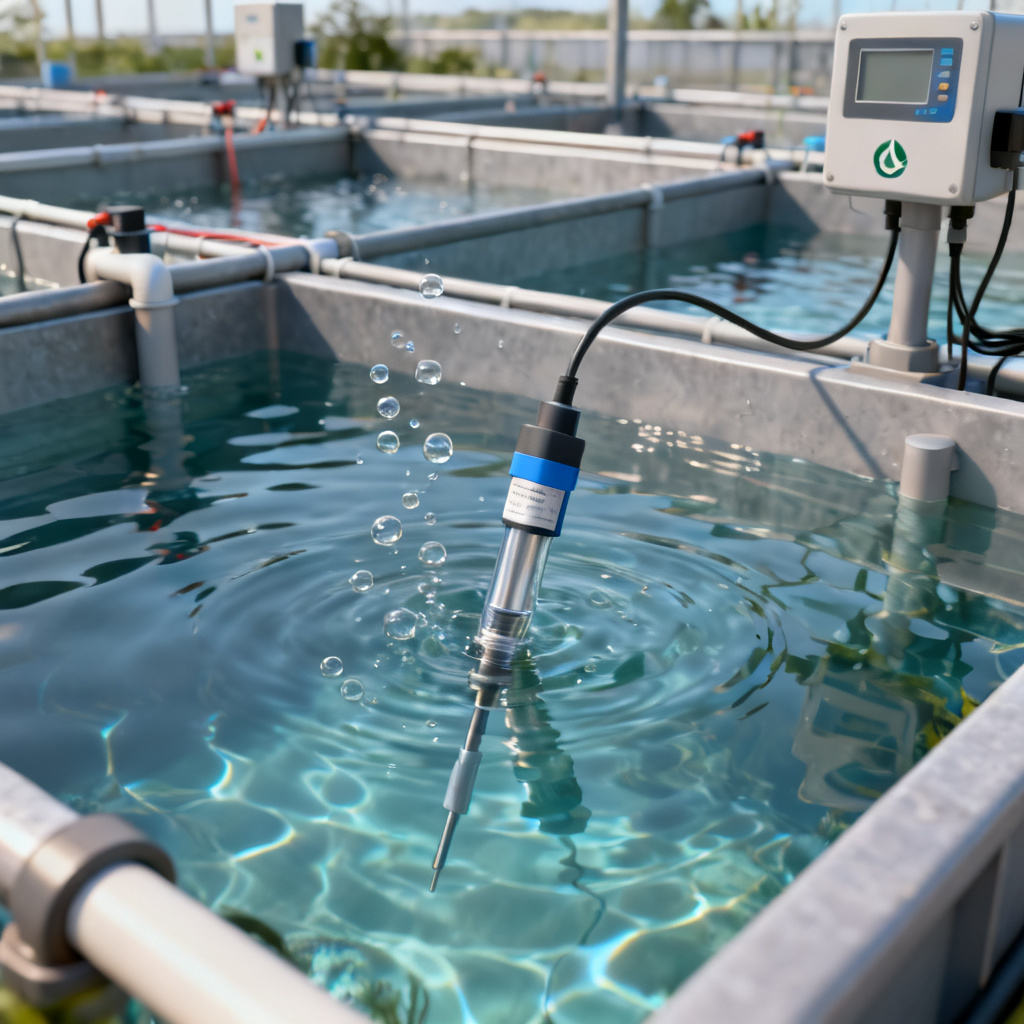 Electrochemical dissolved oxygen sensor for aquaculture overview showing sensor probe and water monitoring