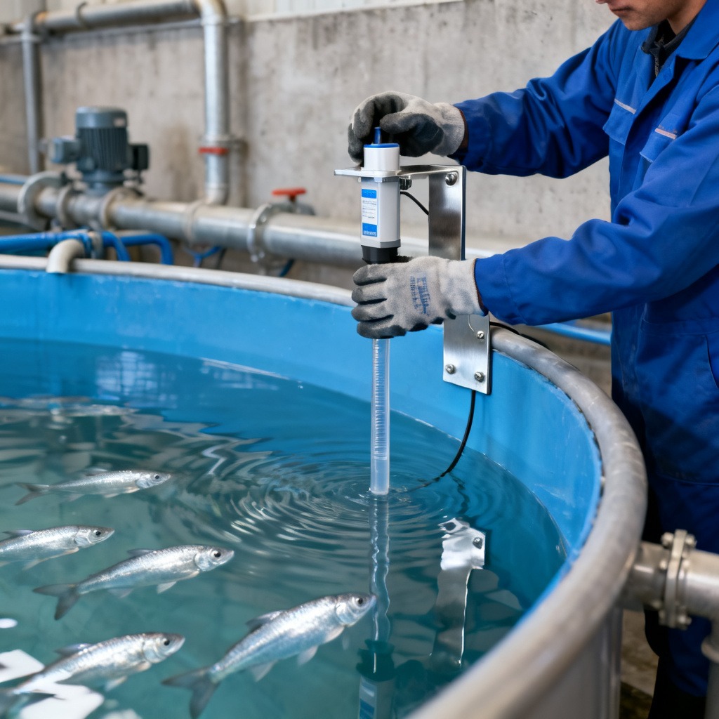 Installation of optical DO sensor in aquaculture tank showing proper mounting orientation