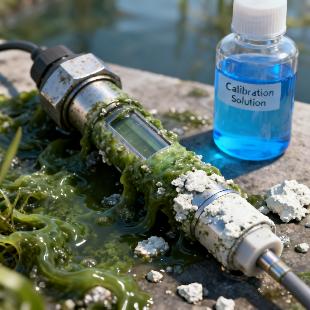 Fouled electrochemical DO sensor with biofilm buildup causing calibration drift and increased operational costs