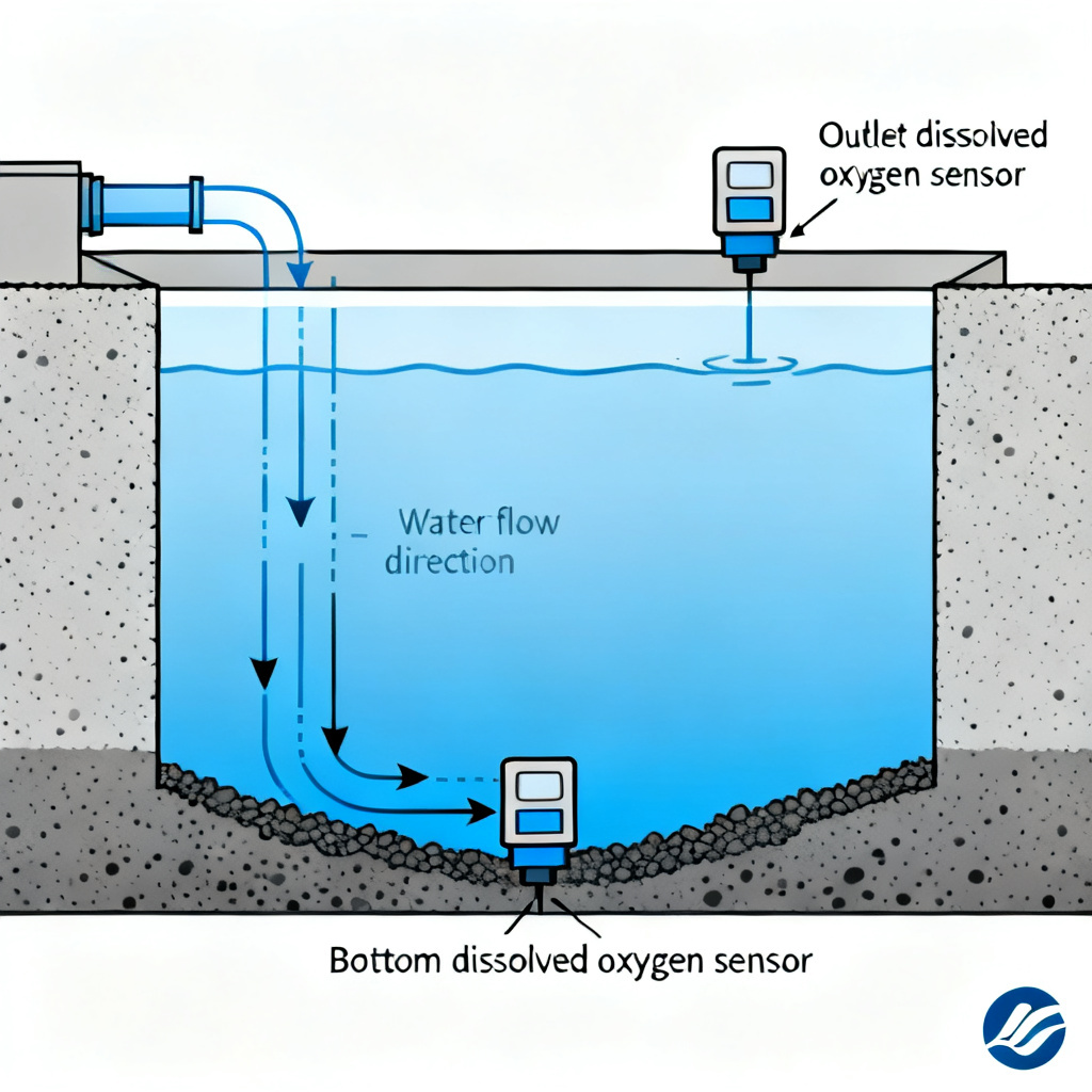 Optimal dissolved oxygen sensor placement in a salmon RAS tank showing outlet and bottom positions