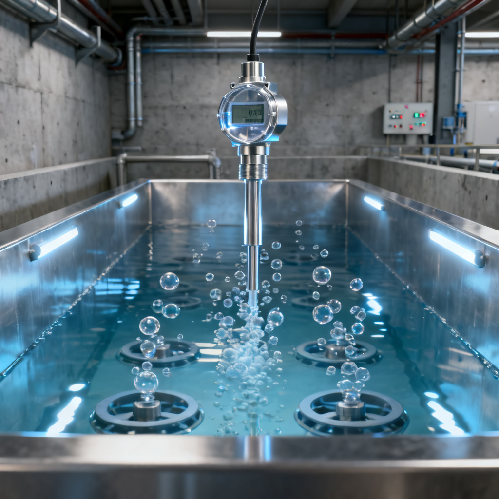 Dissolved Oxygen Sensor 4-20mA installed in an aeration basin for wastewater treatment